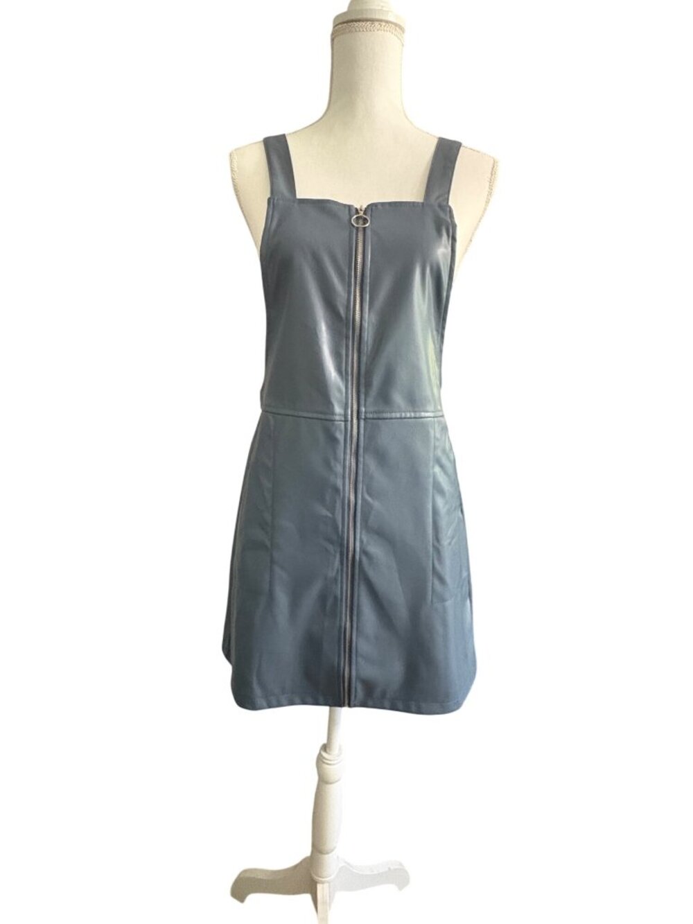 Hyfve Slate Blue Faux Leather Y2K Zip Front Edgy Mini Party Dress Womens Size M